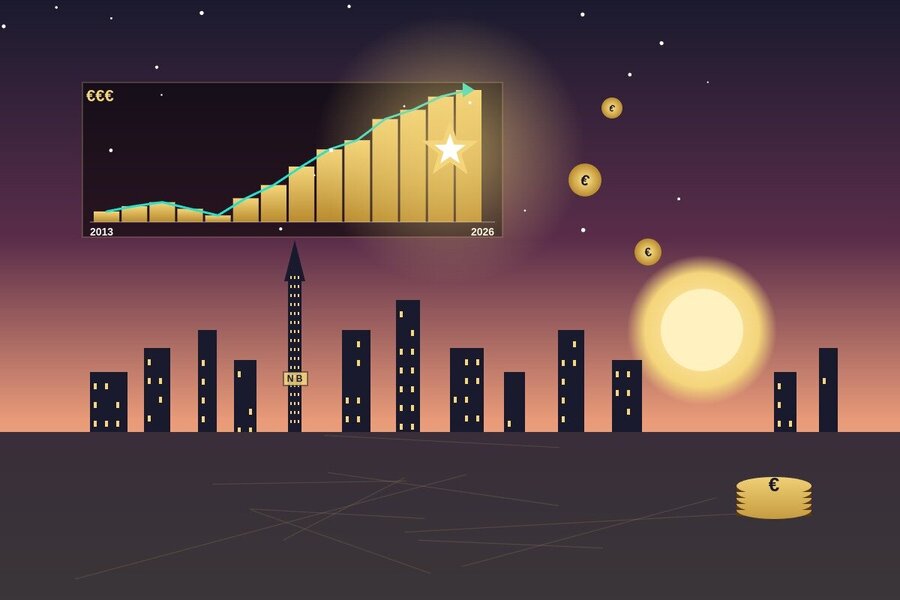 Skyline Dubai au coucher de soleil avec graphique business ascendant et pieces or