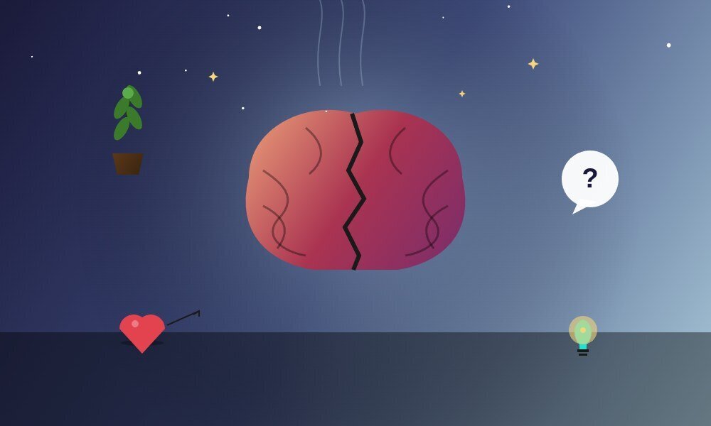 Cerveau fissure plante en croissance bulle question coeur et ampoule espoir