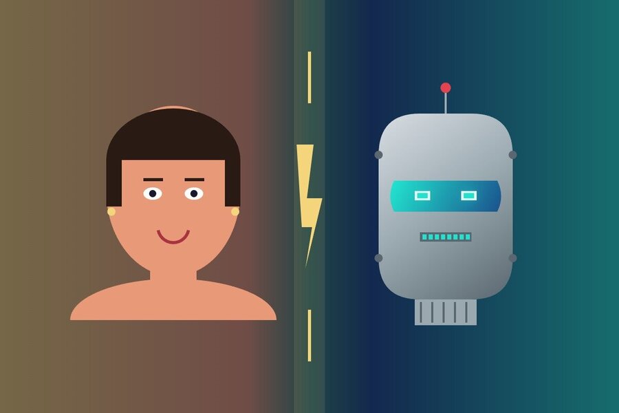 Influenceur humain face a un avatar IA robot