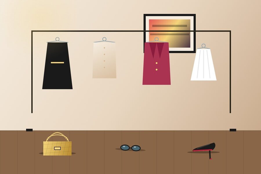 Portant mode avec robes vestes sac escarpins lunettes