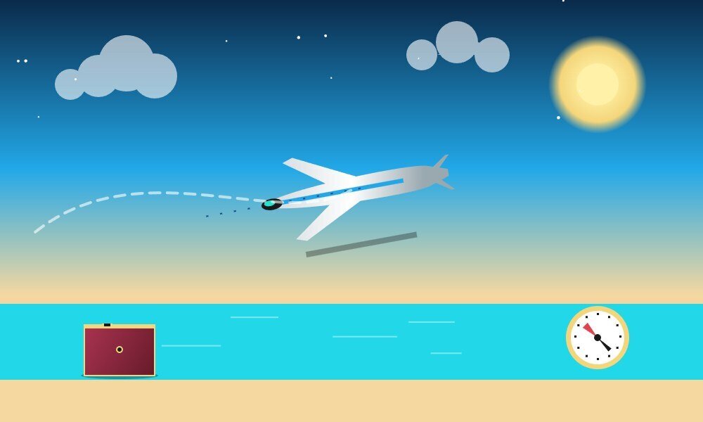 Avion en vol ciel azur valise rouge boussole soleil et nuages